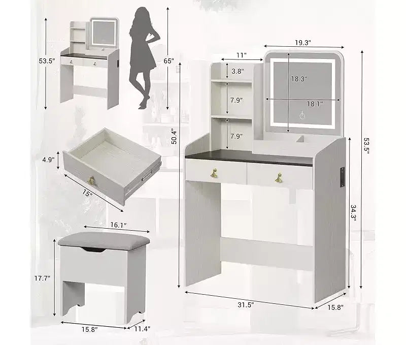 Coiffeuse avec miroir, Petites coiffeuses de maquillage avec 2 tiroirs, Coiffeuse pour filles femmes avec tabouret de rangement Chambre à coucher