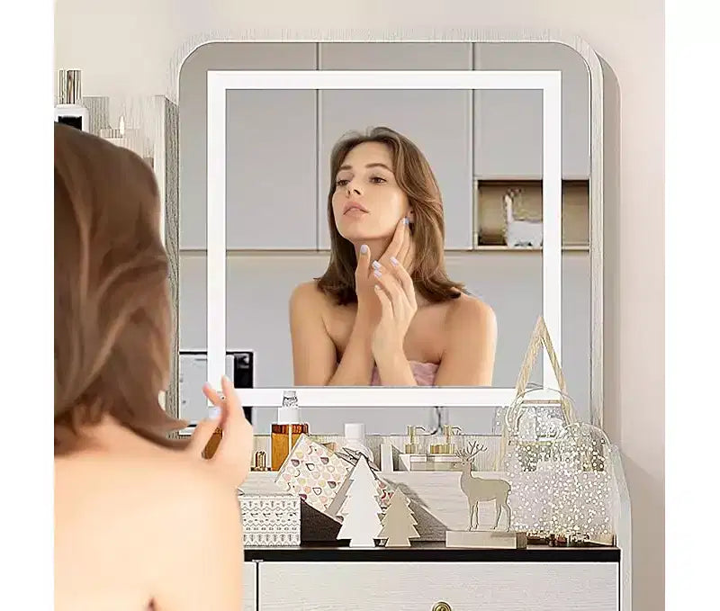 Coiffeuse avec miroir, Petites coiffeuses de maquillage avec 2 tiroirs, Coiffeuse pour filles femmes avec tabouret de rangement Chambre à coucher