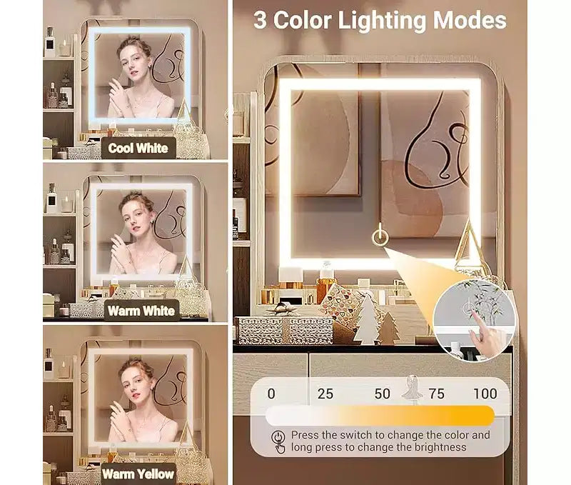 Coiffeuse avec miroir, Petites coiffeuses de maquillage avec 2 tiroirs, Coiffeuse pour filles femmes avec tabouret de rangement Chambre à coucher