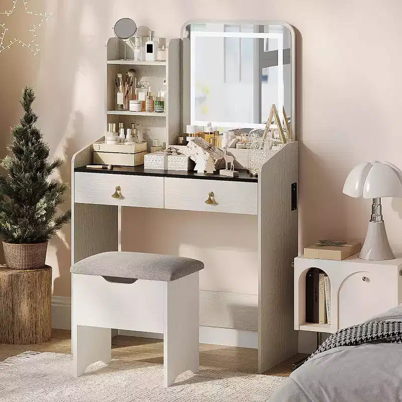 Coiffeuse avec miroir, Petites coiffeuses de maquillage avec 2 tiroirs, Coiffeuse pour filles femmes avec tabouret de rangement Chambre à coucher