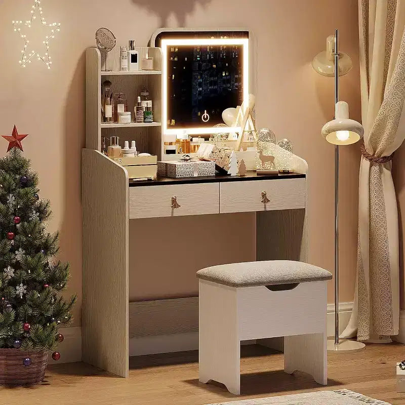 Coiffeuse avec miroir, Petites coiffeuses de maquillage avec 2 tiroirs, Coiffeuse pour filles femmes avec tabouret de rangement Chambre à coucher
