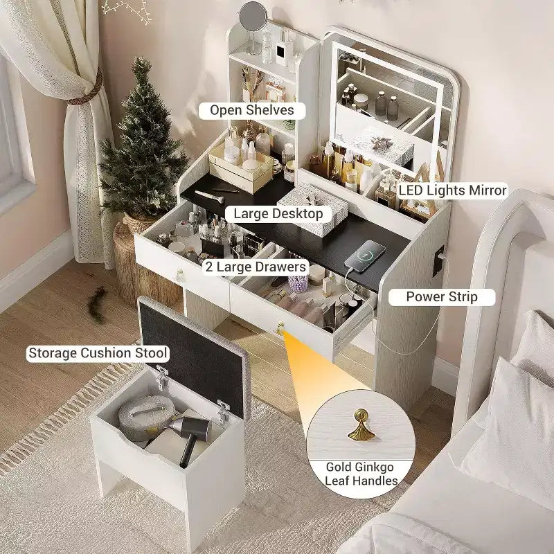 Coiffeuse avec miroir, Petites coiffeuses de maquillage avec 2 tiroirs, Coiffeuse pour filles femmes avec tabouret de rangement Chambre à coucher