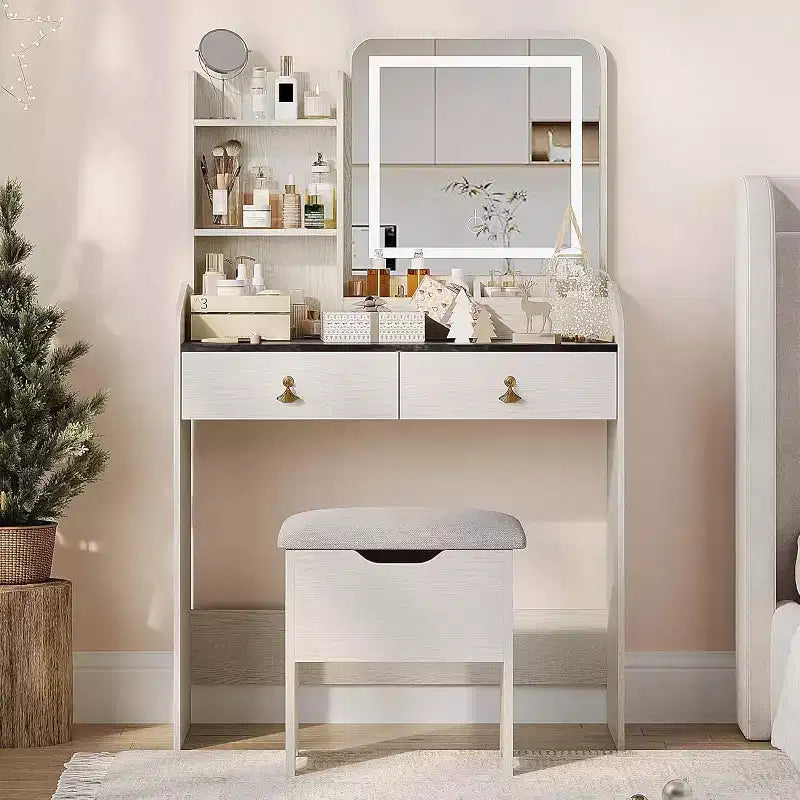 Coiffeuse avec miroir, Petites coiffeuses de maquillage avec 2 tiroirs, Coiffeuse pour filles femmes avec tabouret de rangement Chambre à coucher