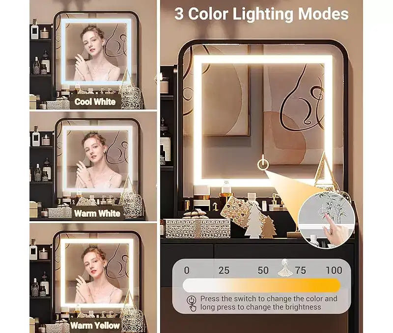 Coiffeuse avec miroir, Petites coiffeuses de maquillage avec 2 tiroirs, Coiffeuse pour filles femmes avec tabouret de rangement Chambre à coucher