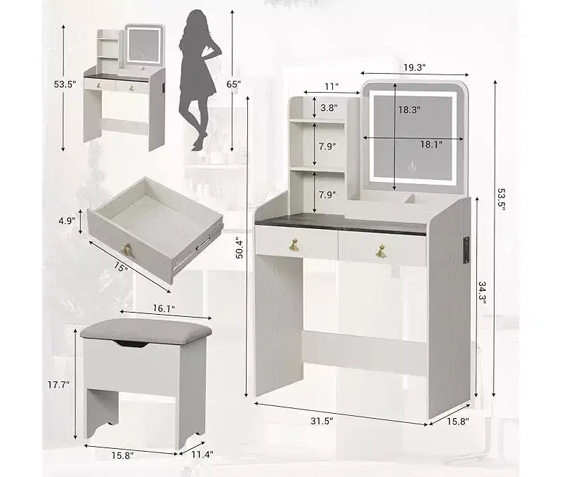 Coiffeuse avec miroir, Petites coiffeuses de maquillage avec 2 tiroirs, Coiffeuse pour filles femmes avec tabouret de rangement Chambre à coucher