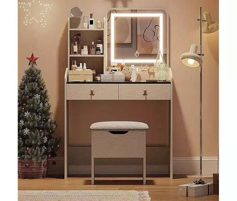 Coiffeuse avec miroir, Petites coiffeuses de maquillage avec 2 tiroirs, Coiffeuse pour filles femmes avec tabouret de rangement Chambre à coucher