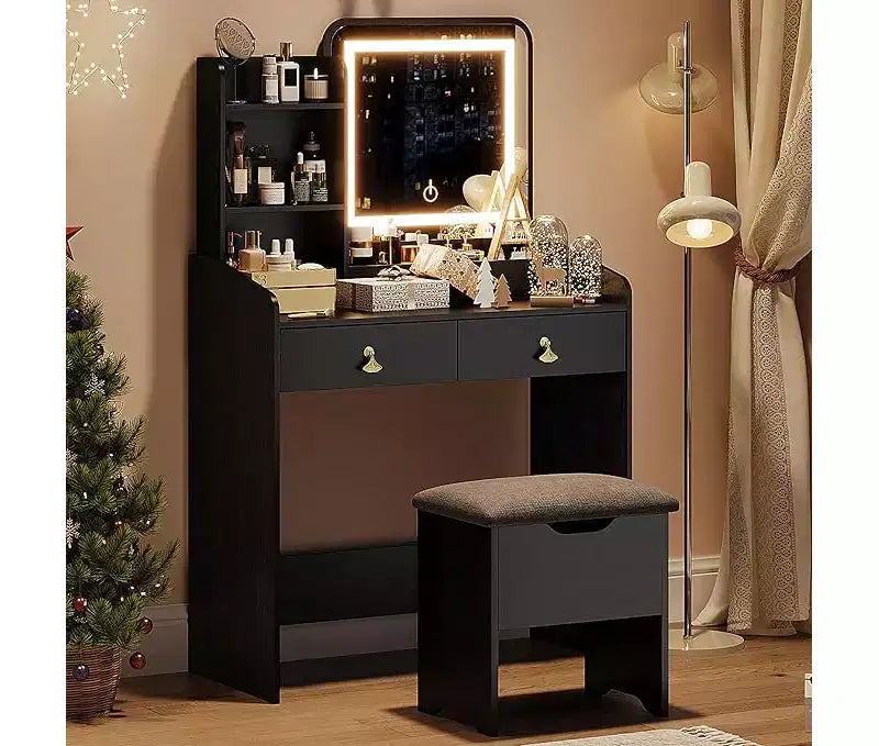 Coiffeuse avec miroir, Petites coiffeuses de maquillage avec 2 tiroirs, Coiffeuse pour filles femmes avec tabouret de rangement Chambre à coucher