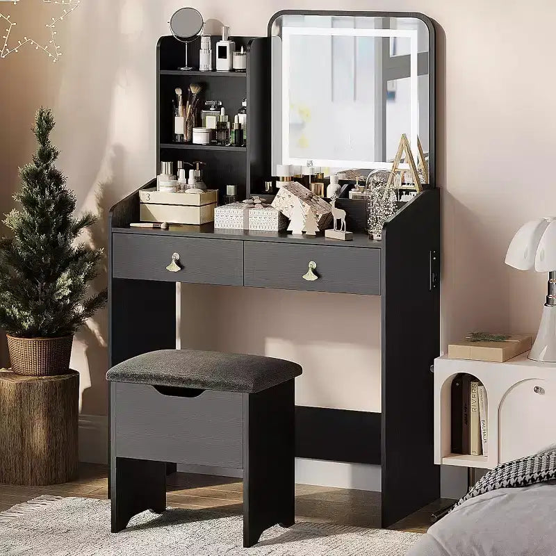 Coiffeuse avec miroir, Petites coiffeuses de maquillage avec 2 tiroirs, Coiffeuse pour filles femmes avec tabouret de rangement Chambre à coucher