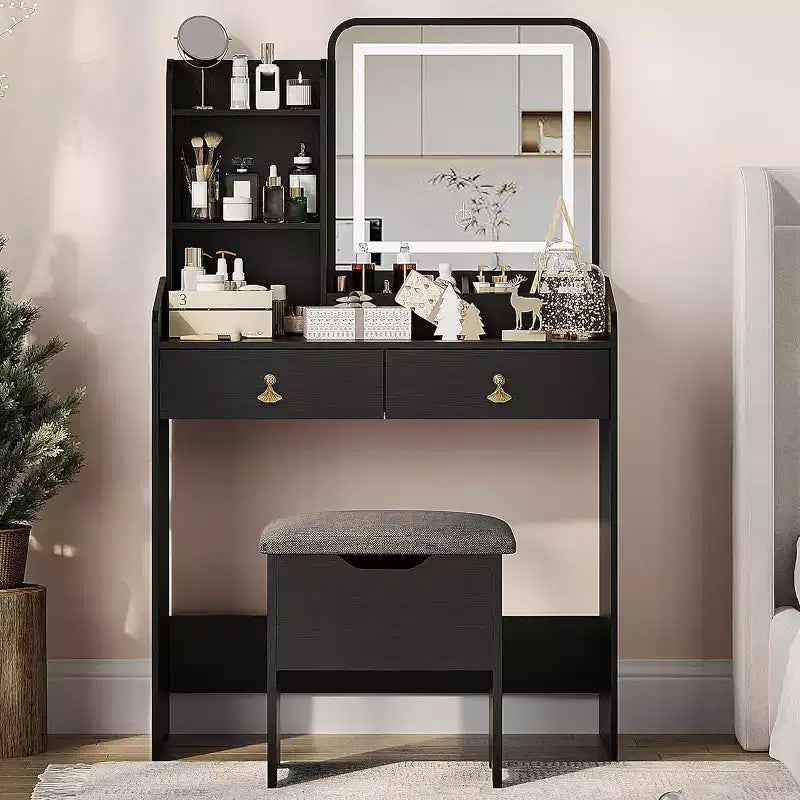 Coiffeuse avec miroir, Petites coiffeuses de maquillage avec 2 tiroirs, Coiffeuse pour filles femmes avec tabouret de rangement Chambre à coucher