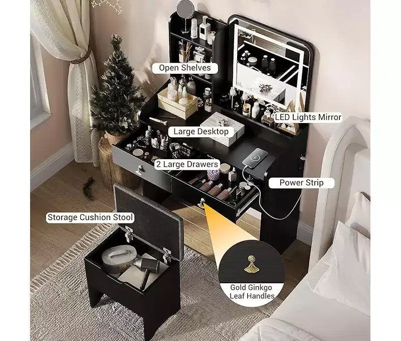Coiffeuse avec miroir, Petites coiffeuses de maquillage avec 2 tiroirs, Coiffeuse pour filles femmes avec tabouret de rangement Chambre à coucher