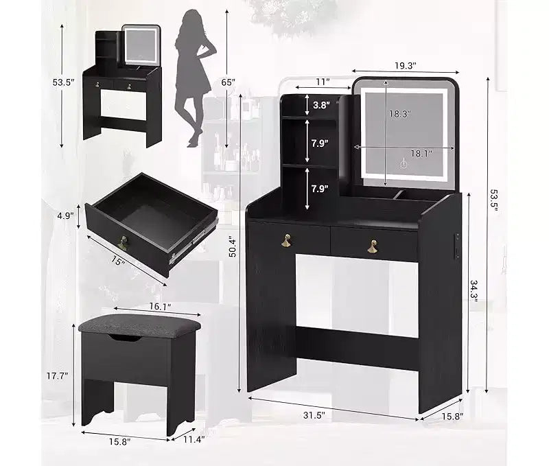 Coiffeuse avec miroir, Petites coiffeuses de maquillage avec 2 tiroirs, Coiffeuse pour filles femmes avec tabouret de rangement Chambre à coucher