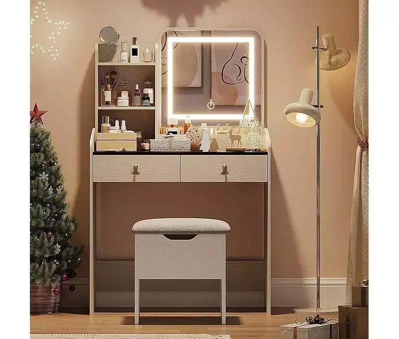 Coiffeuse avec miroir, Petites coiffeuses de maquillage avec 2 tiroirs, Coiffeuse pour filles femmes avec tabouret de rangement Chambre à coucher
