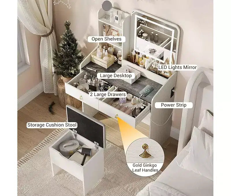 Coiffeuse avec miroir, Petites coiffeuses de maquillage avec 2 tiroirs, Coiffeuse pour filles femmes avec tabouret de rangement Chambre à coucher