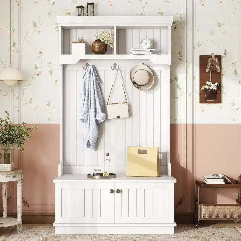 Okak Modern Hall Tree with Storage Shoe Bench, Freestanding Coat Rack with 3 Hooks and 2 Shelves, Entryway Storage for Living Room, White