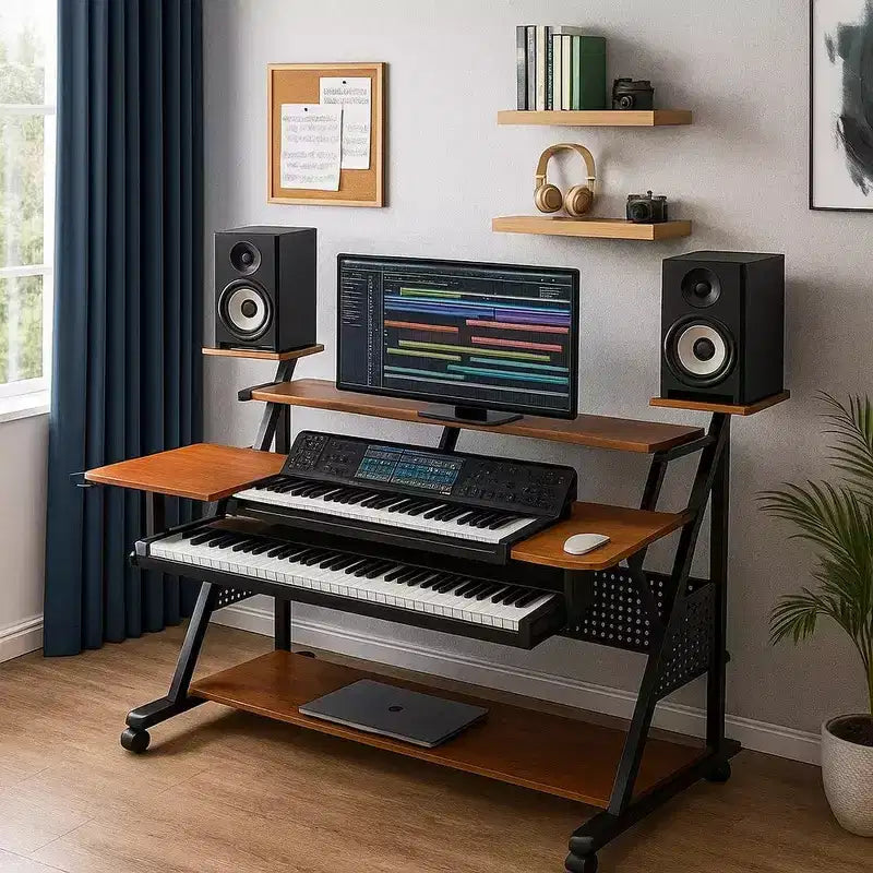 Station de studio Wood Music Desk, étagères avec plateau clavier, noyer