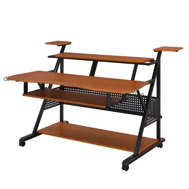 Station de studio Wood Music Desk, étagères avec plateau clavier, noyer