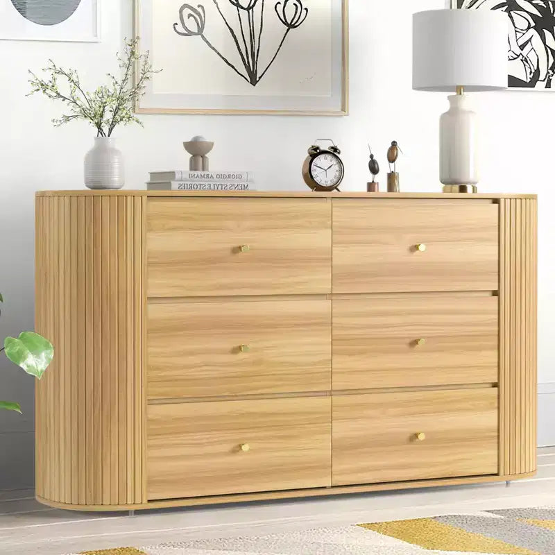 60 Mid Century Wooden Dresser with 6 Drawers & 2 Sliding Doors, Oak Fluted Storage Cabinet