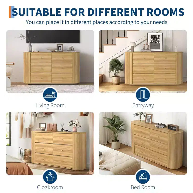 Commode en bois de style Mid-Century avec 6 tiroirs et 2 portes coulissantes, buffet de rangement cannelé en chêne