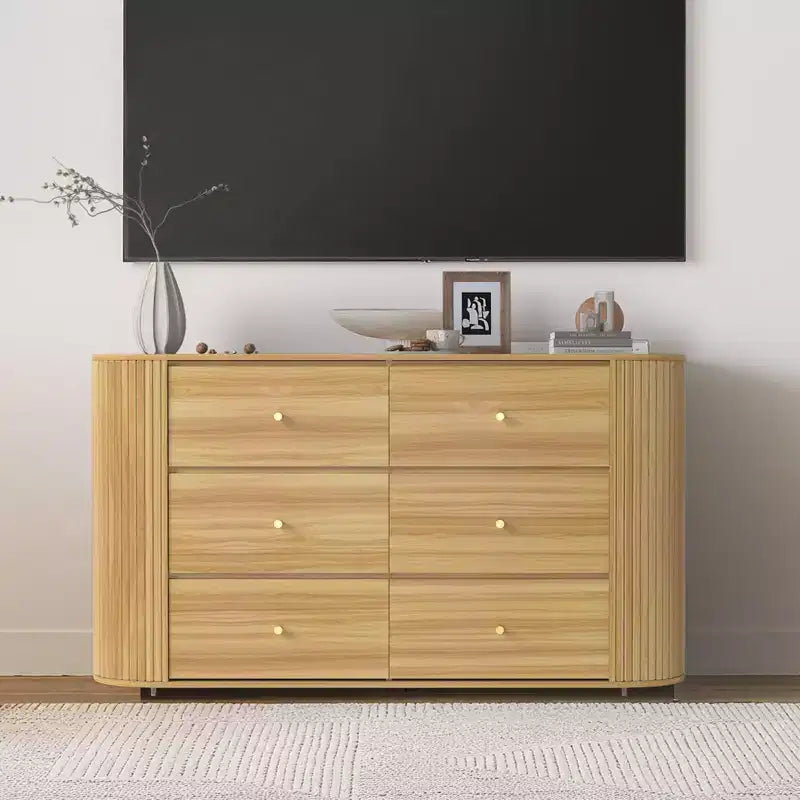 Commode en bois de style Mid-Century avec 6 tiroirs et 2 portes coulissantes, buffet de rangement cannelé en chêne