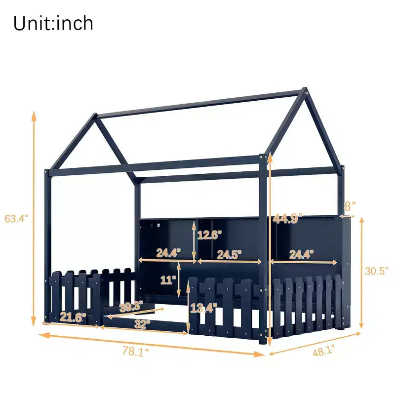 Lit cabane double avec lumière LED, lit cabane en bois avec étagère de rangement, lit cabane au sol avec barrières pour enfants, bleu marine