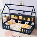 Lit cabane double avec lumière LED, lit cabane en bois avec étagère de rangement, lit cabane au sol avec barrières pour enfants, bleu marine