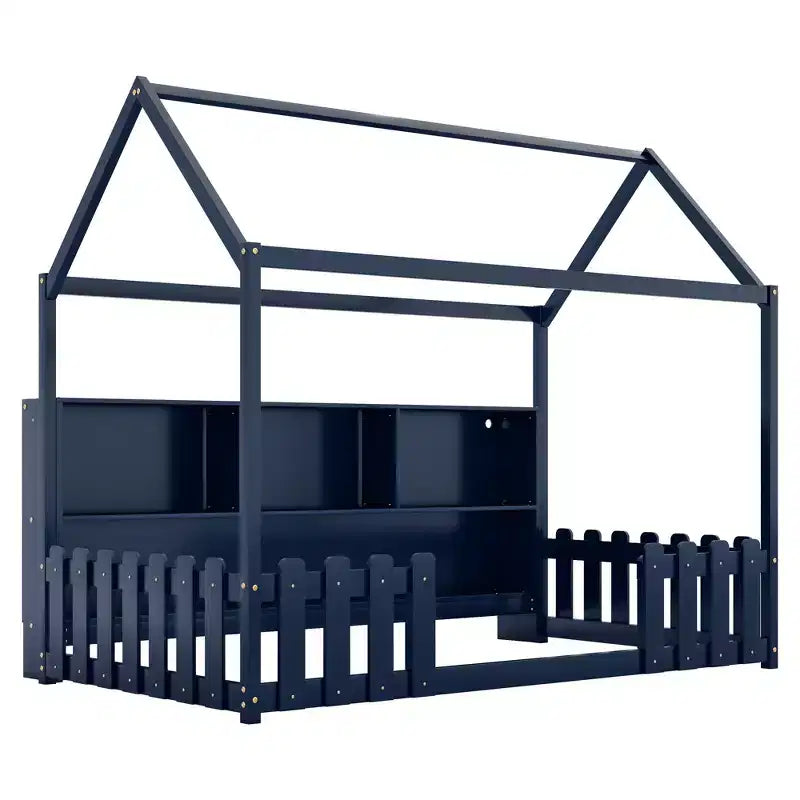 Lit cabane double avec lumière LED, lit cabane en bois avec étagère de rangement, lit cabane au sol avec barrières pour enfants, bleu marine