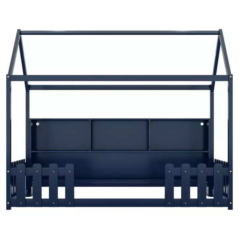 Lit cabane double avec lumière LED, lit cabane en bois avec étagère de rangement, lit cabane au sol avec barrières pour enfants, bleu marine