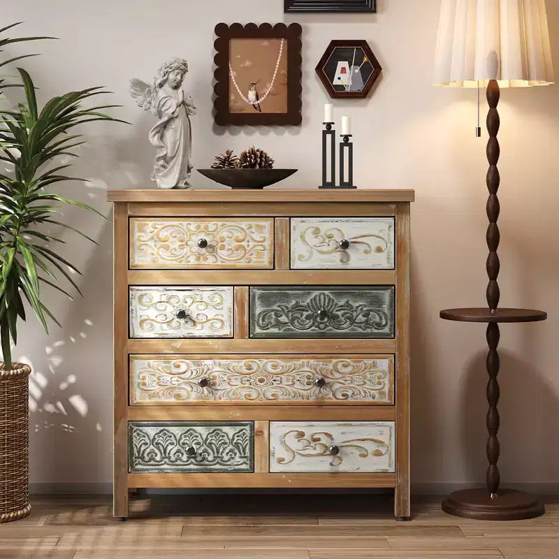 GDFStudio Riven Rustic 26 Wooden Storage Dresser with 7 Drawers and Multicolor Carved Patterns
