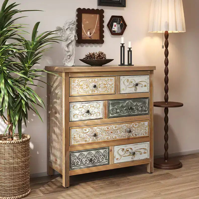 Commode de rangement en bois à 7 tiroirs avec motifs sculptés multicolores