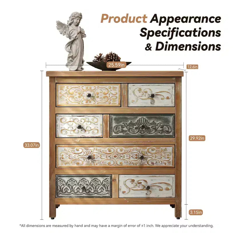 Commode de rangement en bois à 7 tiroirs avec motifs sculptés multicolores