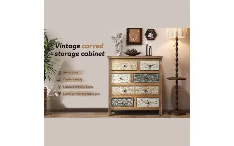 Commode de rangement en bois à 7 tiroirs avec motifs sculptés multicolores