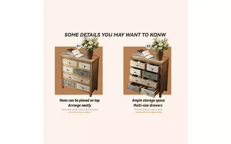 Commode de rangement en bois à 7 tiroirs avec motifs sculptés multicolores