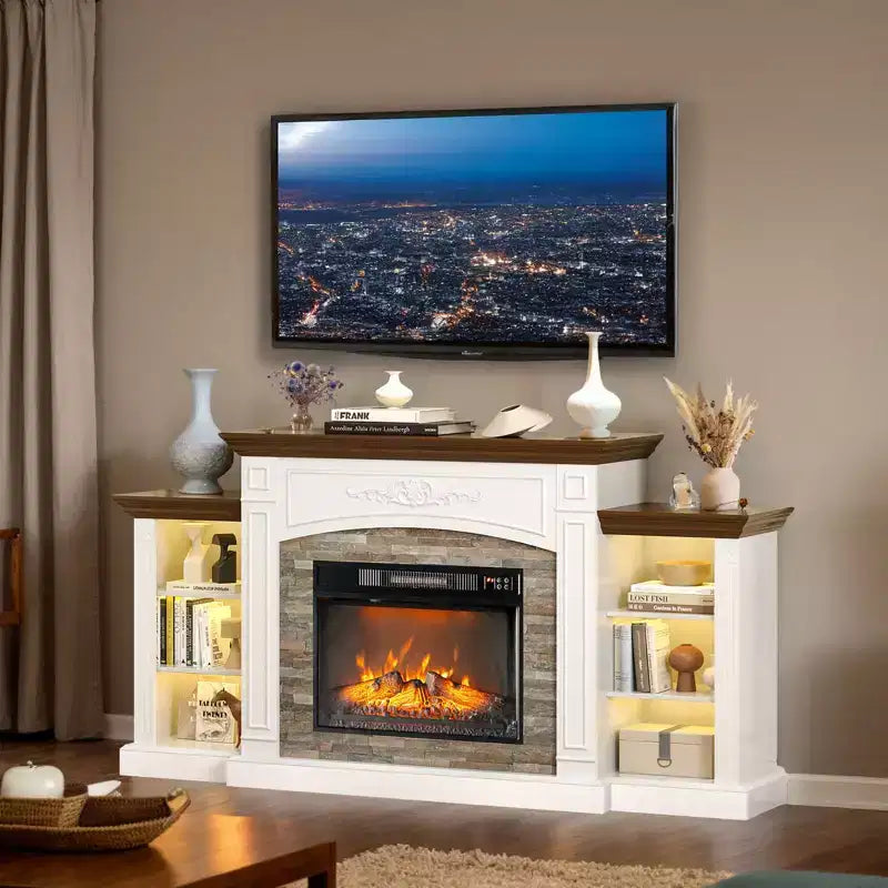 Meuble TV de ferme 70 pouces pour téléviseurs jusqu'à 80 pouces avec cheminée électrique et étagères réglables