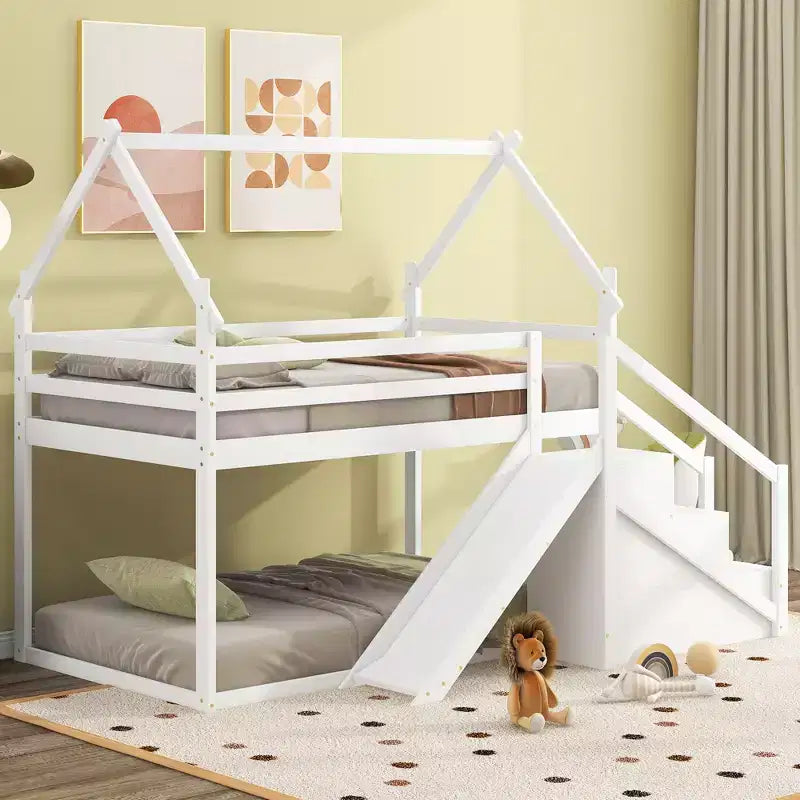 Lit superposé cabane jumeau sur jumeau ou lit mezzanine avec toboggan et escalier de rangement, cadre de lit superposé en bois massif pour enfants, blanc