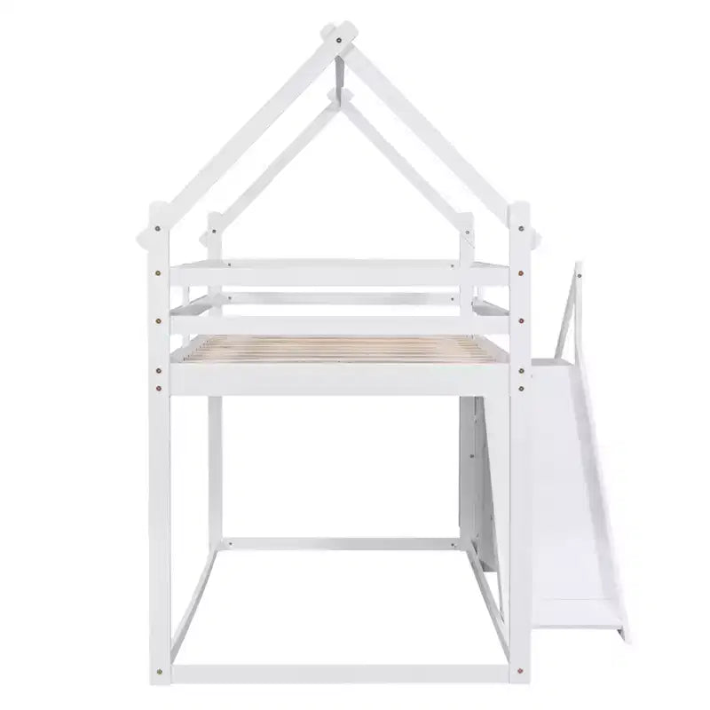 Lit superposé cabane jumeau sur jumeau ou lit mezzanine avec toboggan et escalier de rangement, cadre de lit superposé en bois massif pour enfants, blanc