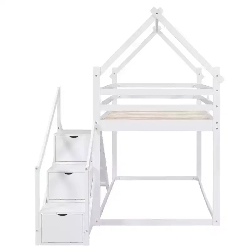Lit superposé cabane jumeau sur jumeau ou lit mezzanine avec toboggan et escalier de rangement, cadre de lit superposé en bois massif pour enfants, blanc