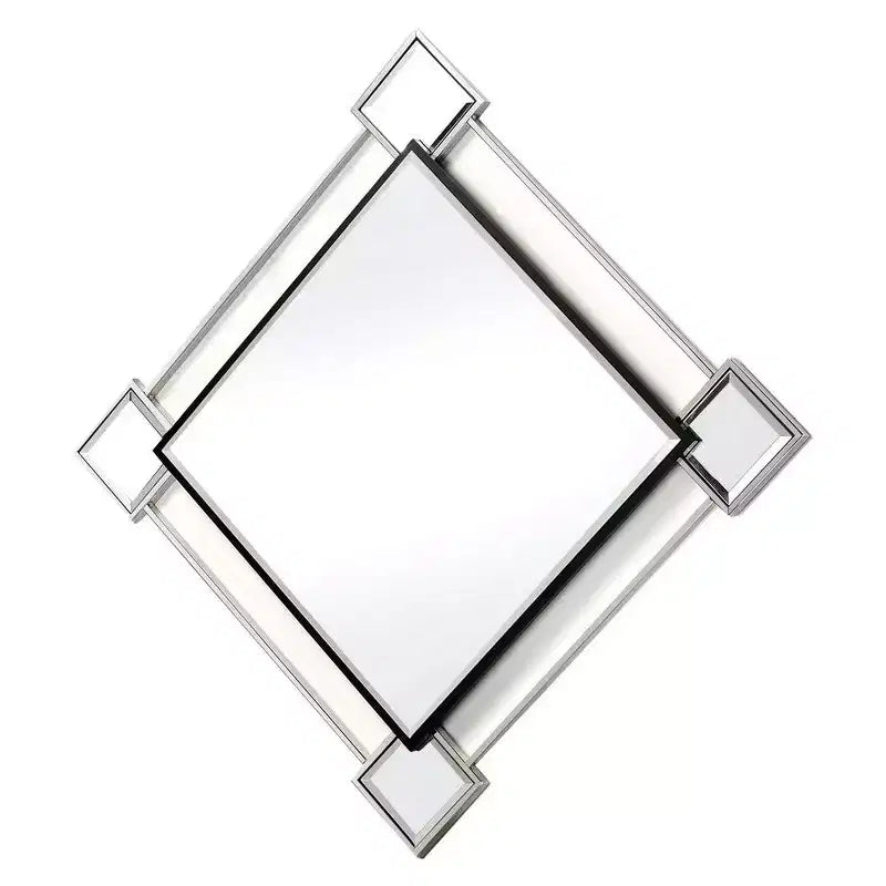 Miroir mural décoratif biseauté en forme de losange avec inserts de miroir, argenté