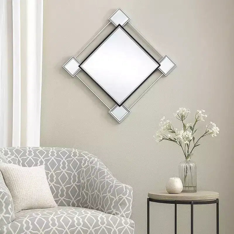 Miroir mural décoratif biseauté en forme de losange avec inserts de miroir, argenté