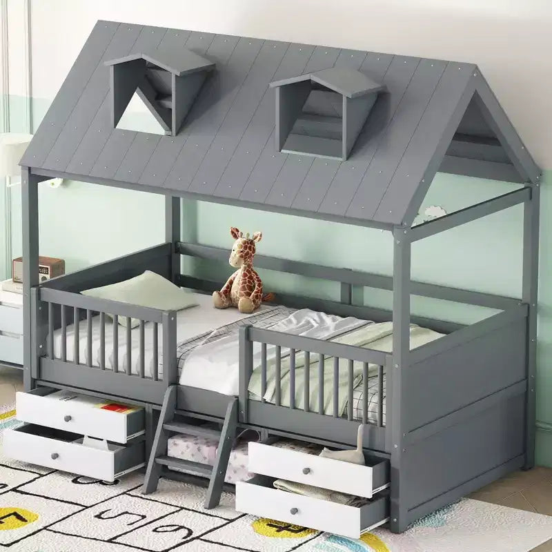 Twin/Full Size Loft Bed Wood House Bed Frame with Drawers - ModernLuxe