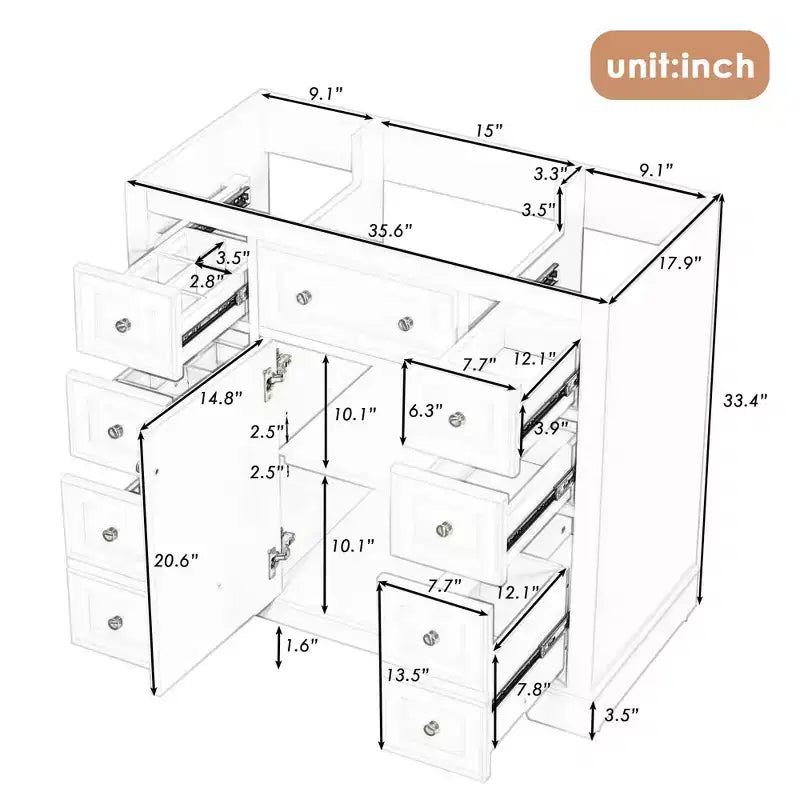 Meuble sous-vasque sans lavabo 1 porte 6 tiroirs Blanc