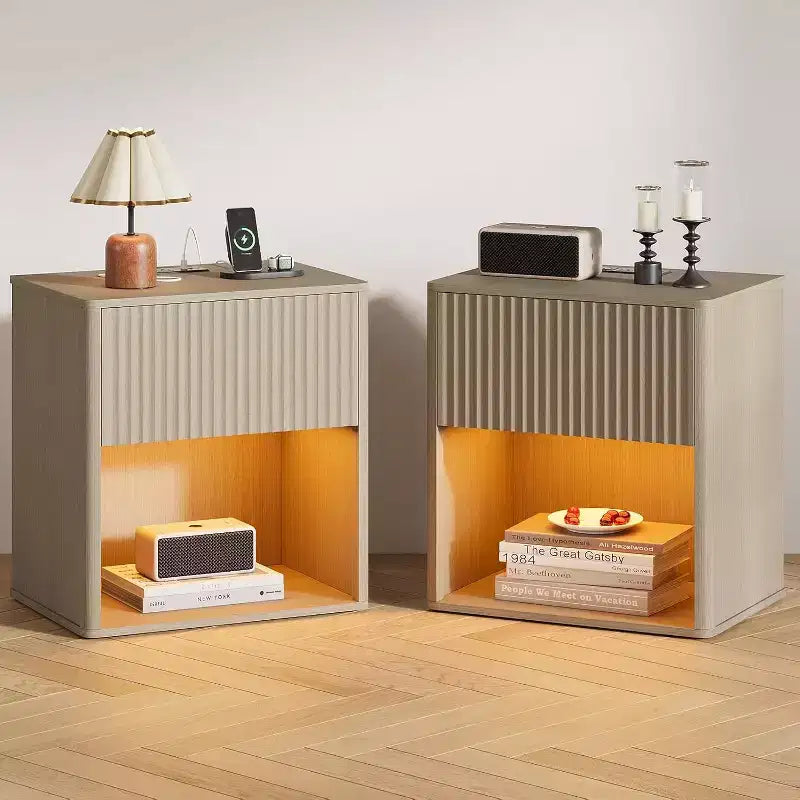 Farmhouse Fluted Nightstands Set 2, Modern Mid Century End Table with Drawer, for Living room Office Dark Oak