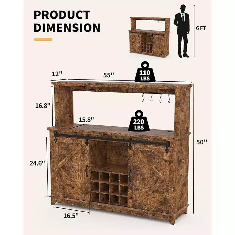 Meuble de bar à café 55, Grand buffet de cuisine, Buffet haut avec porte coulissante style grange, Porte-verres à vin et grand espace de rangement pour la salle à manger