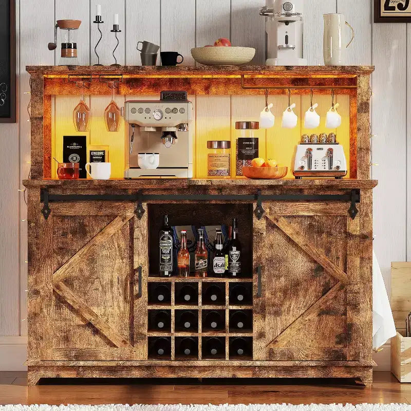 Meuble de bar à café 55, Grand buffet de cuisine, Buffet haut avec porte coulissante style grange, Porte-verres à vin et grand espace de rangement pour la salle à manger