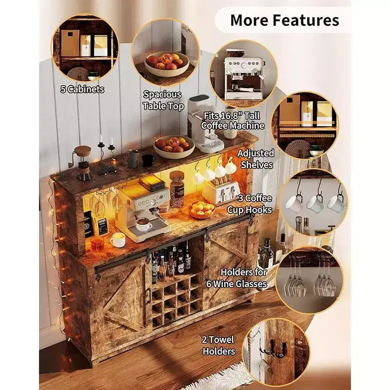 Meuble de bar à café 55, Grand buffet de cuisine, Buffet haut avec porte coulissante style grange, Porte-verres à vin et grand espace de rangement pour la salle à manger