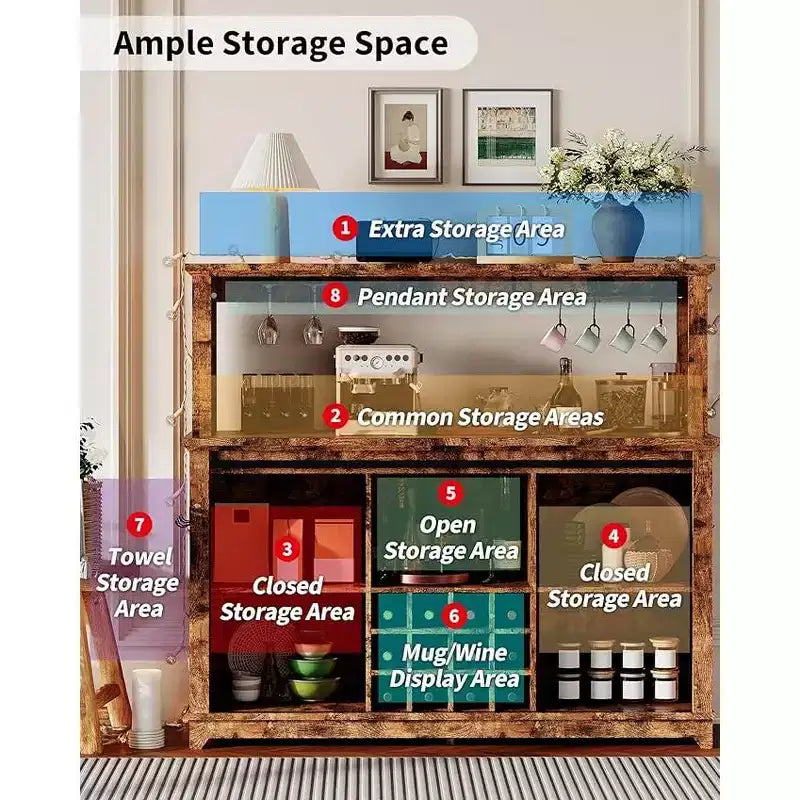 Meuble de bar à café 55, Grand buffet de cuisine, Buffet haut avec porte coulissante style grange, Porte-verres à vin et grand espace de rangement pour la salle à manger