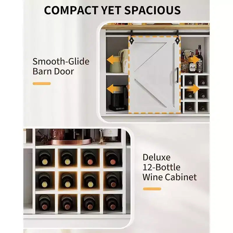 Meuble de bar à café 55, Grand buffet de cuisine, Buffet haut avec porte coulissante style grange, Porte-verres à vin et grand espace de rangement pour la salle à manger