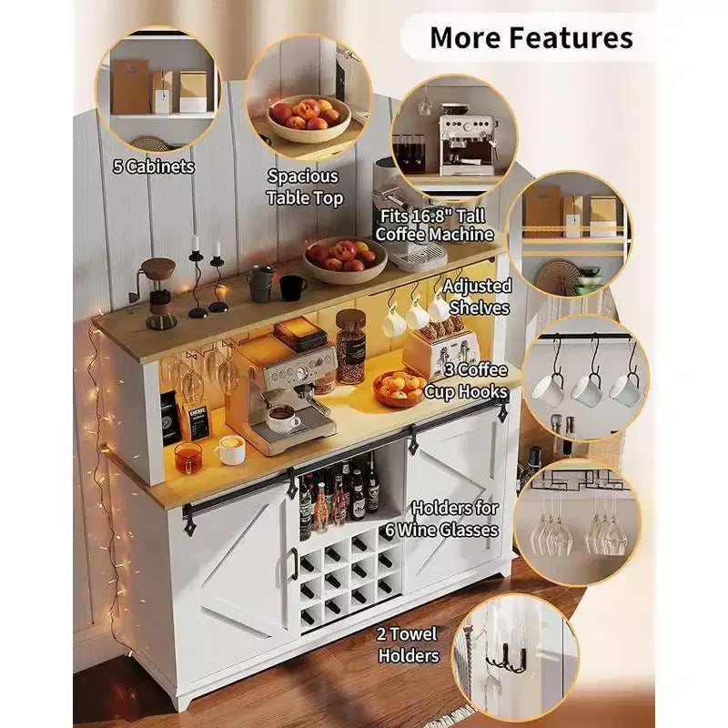 Meuble de bar à café 55, Grand buffet de cuisine, Buffet haut avec porte coulissante style grange, Porte-verres à vin et grand espace de rangement pour la salle à manger