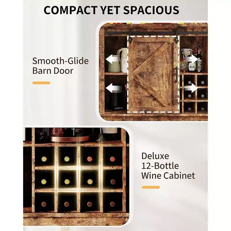Meuble de bar à café 55, Grand buffet de cuisine, Buffet haut avec porte coulissante style grange, Porte-verres à vin et grand espace de rangement pour la salle à manger