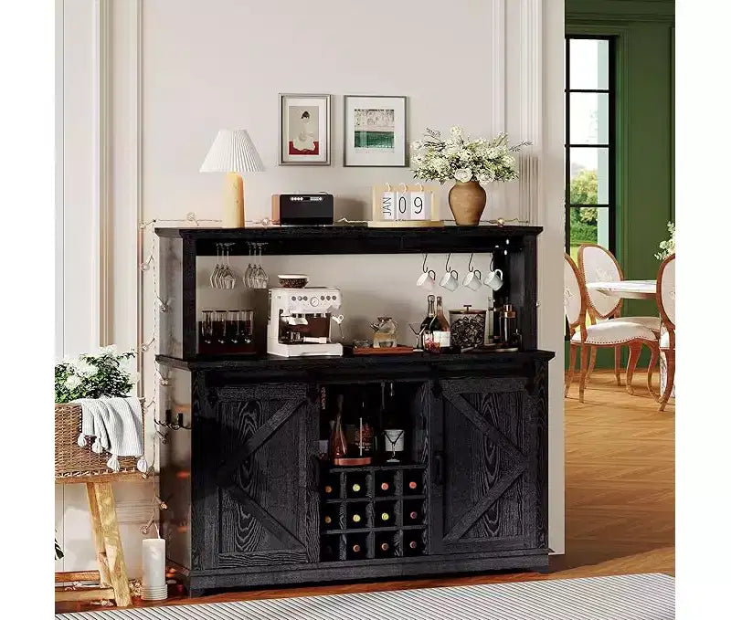Coffee Bar Cabinet 55, Large Kitchen Hutch, Tall Buffet Cabinet with Barn Sliding Door, Wine Glass Rack & Ample Storage for Dining Room