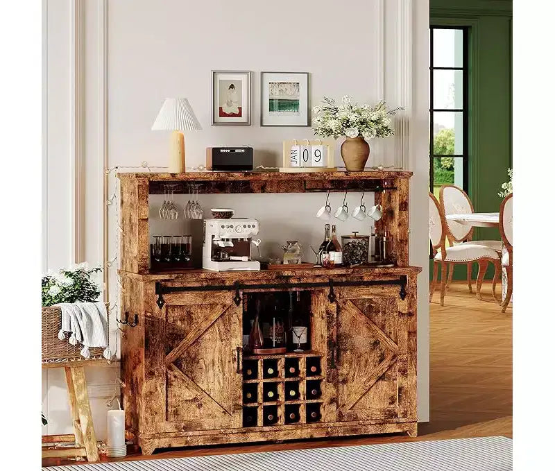 Meuble de bar à café 55, Grand buffet de cuisine, Buffet haut avec porte coulissante style grange, Porte-verres à vin et grand espace de rangement pour la salle à manger